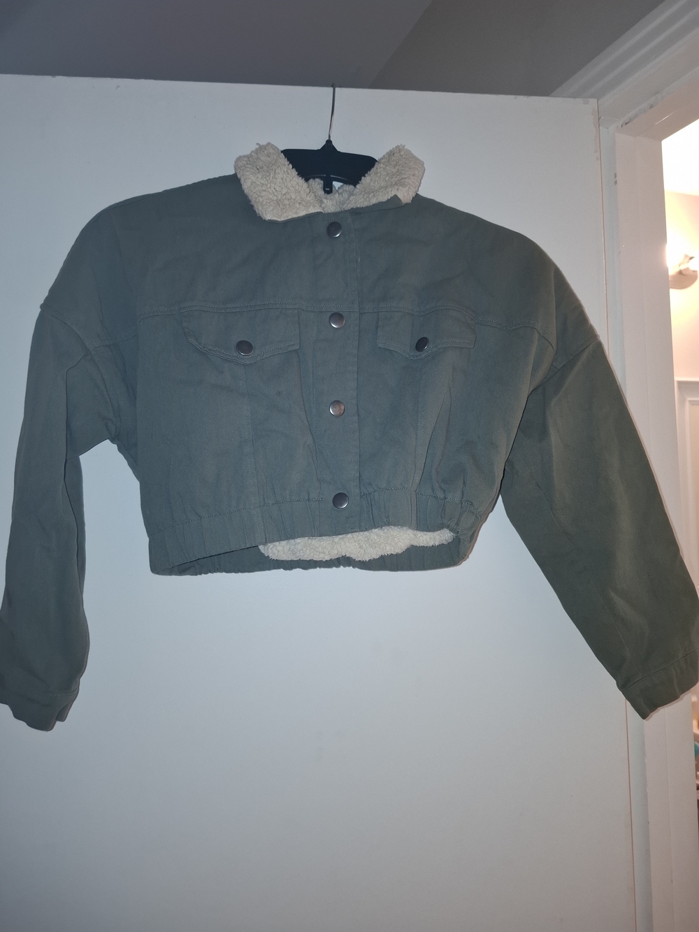Fashion Nova Olive Green Cropped Teddy Collar Jacket